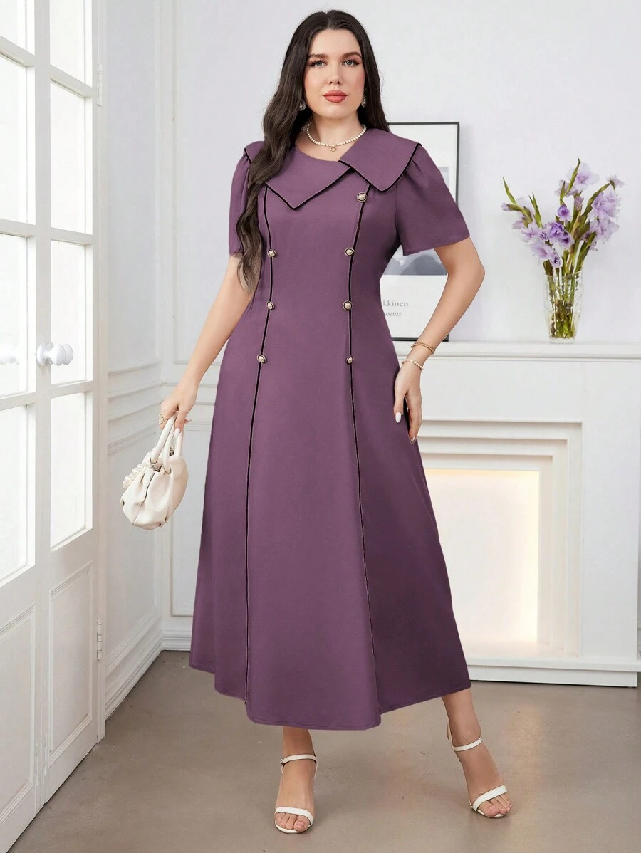 Modelyn Plus Size Women Asymmetric Neckline Ruffled Sleeve Button Decorated Elegant Dress Long Evening Dresses - Dusty Purple - View 1