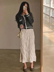 DAZY 女式撞色开衫，秋季女装 - 灰色 - 查看 6