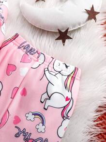 Bộ đồ ngủ vải nỉ in hình trái tim kỳ lân cho bé gái 2 món, áo sơ mi dài tay và quần dài, đồ ngủ mùa đông ấm áp - Hồng - Xem 4