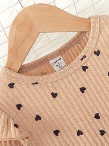 2pcs/Set Young Girl Heart Print Long Sleeve Top With Ruffle Trim And Leggings, Spring Autumn