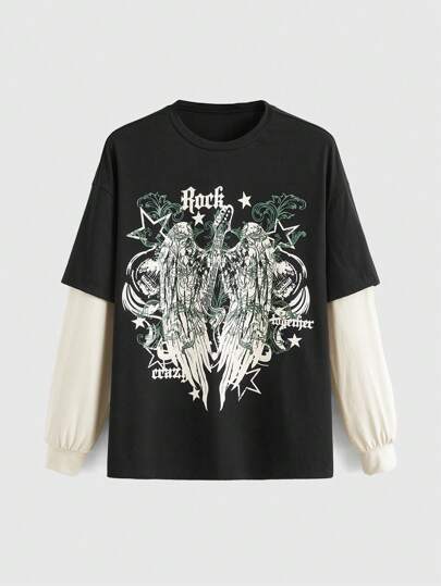 Grunge Punk Women's Loose Fit Wing & Star Patchwork Long Sleeve Top