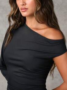 SHEIN BAE Women's Solid Color Asymmetrical Neck Dress - Black - View 5