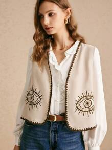 Poéselle Women's Contrast Edge Eyes Pattern Casual Sleeveless Top - Khaki - View 6