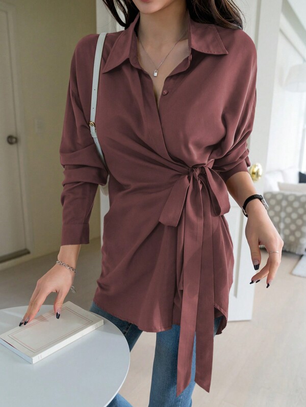 DAZY 1pc Women's Loose Solid Color Long Sleeve Tie Front Blouse,Fall Clothes