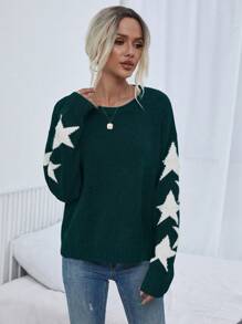 EMERY ROSE Crew Neck Long Sleeve Pentagram Graphic Casual Knit Pullover Sweater, Daily Wear, Knit Pullover Fall Winter - Green - View 3