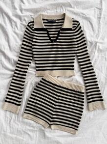 Soleia WYWH 女士度假条纹休闲针织两件套、有领长袖上衣、短裤针织套装 - 黑與白 - 查看 3