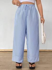 Flirla Quần ống đứng cạp cao kẻ sọc giản dị có dây rút cỡ lớn - Màu xanh lam - Xem 5