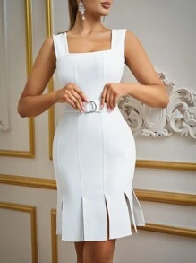 Zolique Robe d'été élégante et sobre à fines bretelles, en blanc unicolore, pour femmes