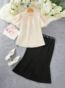 Modelyn Plus Stand Neck Blouse & Skirt Without Belt For Summer 2 Pieces Set - Black and White - View 4