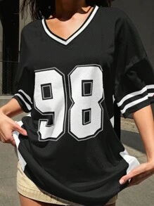 Denimoi Camiseta de fútbol holgada de bloques de color con estampado numérico, informal, de verano