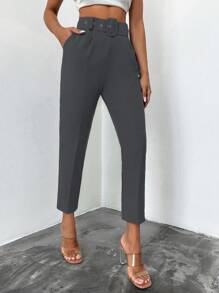 EURMUSE Women's Solid Color High Waist Pleated Pocket Casual/Work Pants - Dark Grey - View 3