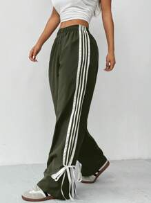 SHEIN PETITE Pantaloni alla caviglia con laccetti e righe a contrasto per donna - Verde Oliva - Visualizzare 6