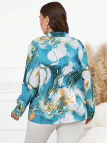 SHEIN Clasi 大码女式优雅大理石印花长袖衬衫商务休闲女式 - 淺藍色 - 查看 2