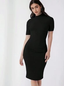 SHEIN Essnce Mock Neck Solid Bodycon Dress,Summer Dresses For Women - Black - View 5