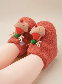 1 Pair Girls Cartoon Deer Pattern Hook And Loop Flat Casual Warm Boots, Orange, Suitable For Winter (Pattern May Vary)