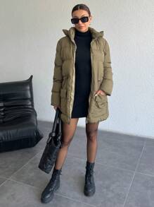 EURMUSE KHAKI PUFFER KEEP WARMING DRAW STRING BELT DETAIL WINTERCOAT - Khaki - View 4