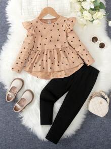 2pcs/Set Young Girl Heart Print Long Sleeve Top With Ruffle Trim And Leggings, Spring Autumn