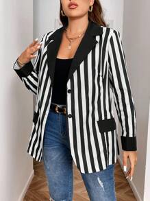 SHEIN Essnce Plus Size Autumn & Winter Warm Color Blocked Black And White Striped Loose Blazer - Black and White - View 1