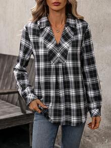 EMERY ROSE Camicia casual a quadri con scollo a V e maniche lunghe per donne, primavera estate - Bianco e nero - Visualizzare 6