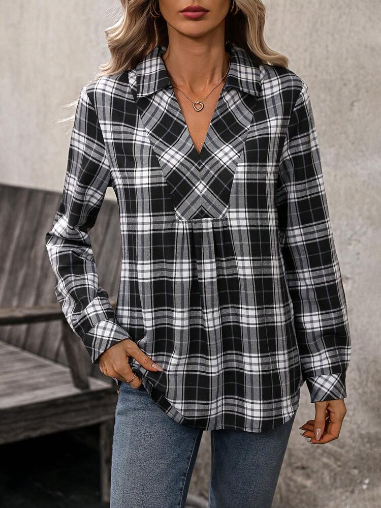 Women's Spring Summer V-Neck Long Sleeve Casual Plaid Shirt Women Blouses Fall Women Shirts Teacher Shirts
