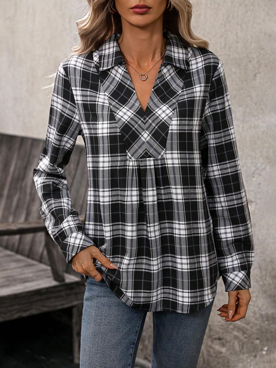 Women's Spring Summer V-Neck Long Sleeve Casual Plaid Shirt Women Blouses Fall Women Shirts Teacher Shirts