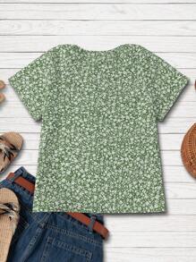 SHEIN LUNE Women's V-Neck Short Sleeve Ditsy Floral Black Blouse, Summer - Mint Green - View 2