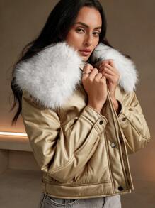 Anewsta Women's Winter Short Stand Collar Detachable Faux Fox Fur Casual Gold-Colored Padded Coat