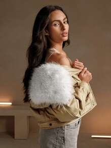 Anewsta Women's Winter Short Stand Collar Detachable Faux Fox Fur Casual Gold-Colored Padded Coat