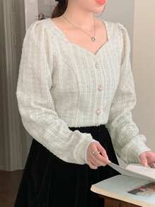 DAZY Áo crop top tay dài cổ vuông ôm sát dành cho nữ - Màu be - Xem 7