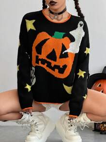 SHEIN Unity Women's Halloween Pumpkin & Ghost Pattern Knitted Long Sleeve Sweater - Multicolor - View 5