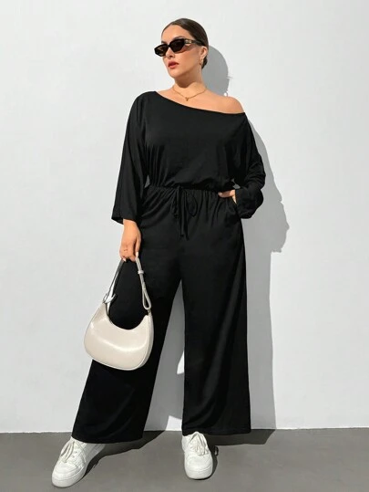 SHEIN Essnce 大码女式秋季休闲宽松舒适露肩长袖黑色口袋连体裤，秋季女装，露肩 T 恤连体裤，老款，工作服，女士办公室服装，90 年代服装，秋季女装，返校节，S，机场女装