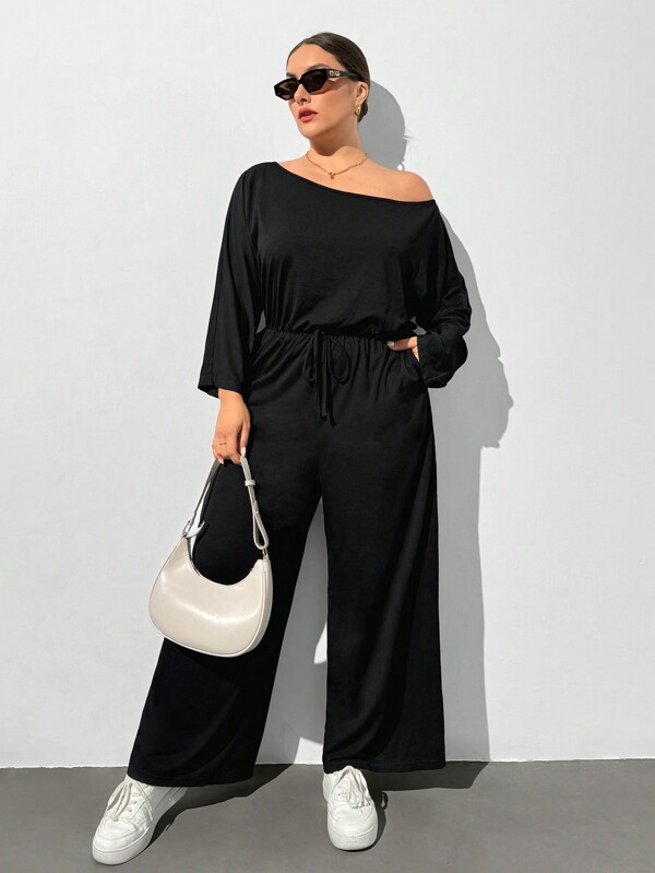SHEIN Essnce Combinaison ample et décontractée avec épaules dénudées à manches longues et poches, en noir, pour femmes en grande taille, vêtements d'automne pour femmes, combinaison à épaules dénudées, "Old Money", vêtements de travail, tenue de bureau pour femmes, tenue des années 90, tenues d'automne pour femmes, bal de promo, taille S, tenues de femme pour l'aéroport
