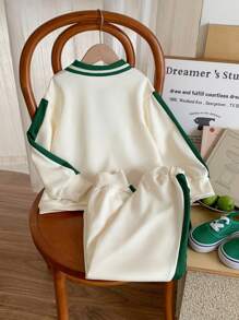 2pcs/Set Young Boys Letter, Star & Number Multicolor Print Polo Collar Half-Zip Sweatshirt And Contrast Color Pants, Comfortable And Breathable For Daily Wear, Outdoor Activities, Travel, School, Autumn/Winter - Green - View 2