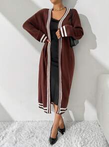 SHEIN Essnce كارديجان بياقة مستديرة نسائي منقوش مخطط طويل الأكمام كارديجان بتصميم واسع للموسم البارد - متعدد الألوان - مشاهدة 6