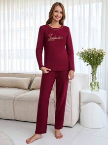 SHEIN Cottnline 100% Cotton 2Pcs  Contrast Colour Slogan Printed Lounge Set - Red - View 4