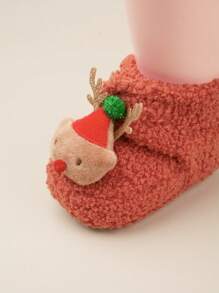 1 Pair Girls Cartoon Deer Pattern Hook And Loop Flat Casual Warm Boots, Orange, Suitable For Winter (Pattern May Vary)