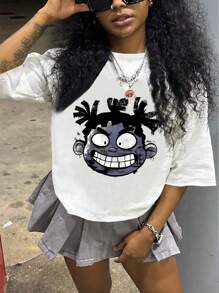 SHEIN Explorewe Tween Girl Dark Fashion Portrait Print Casual T-Shirt - White - View 4