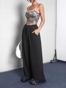 SHEIN EZwear Women's Streetwear Casual Goth Casual Drawstring Waist Straight-Leg Jogger Pants With Textured Fabric - Black - View 4