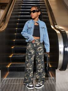 SHEIN Explorewe 少女Y2K休闲翻盖口袋迷彩牛仔裤，返校季 - 軍綠色 - 查看 4