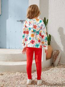 SHEIN Bộ 2 áo nỉ trùm đầu cho bé gái vẽ tay họa tiết hoa và quần legging màu cam, SUNSHINE KIDS - Nhiều màu - Xem 2