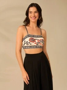 CAJUNI 女士波西米亚风印花、热带杜鹃印花、露背米色短款背心、夏季休闲、海滩度假背心 - 彩色 - 查看 6