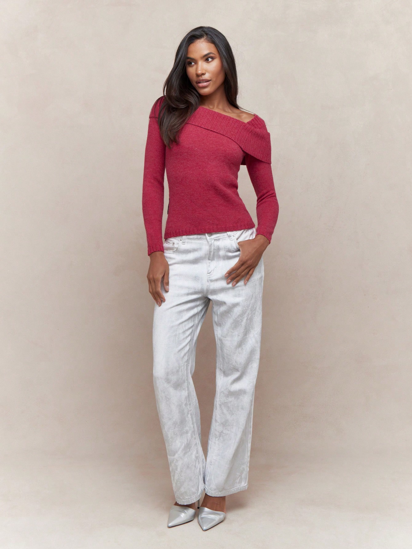 MISSGUIDED Top de punto con cuello asimétrico y mangas largas