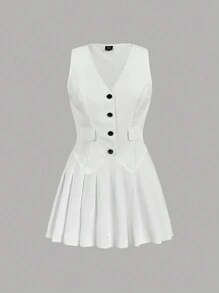 SHEIN MOD Conjunto de traje de mujer talla grande con chaleco sin mangas blanco y falda mini plisada
