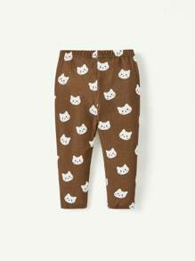 Cozy Pixies 2pcs Baby Girls Cute Cat Print Thickened Crew Neck Sweatshirt And Pants Set - Brown - View 6
