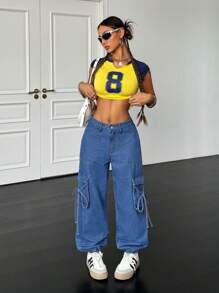 SHEIN Essnce 女士休闲宽松工装牛仔裤，蓝色