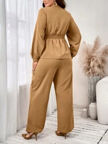 Mulvari Set de 2 piezas de top de manga larga y pantalón de unicolor para mujer talla grande - Marrón - Ver 2