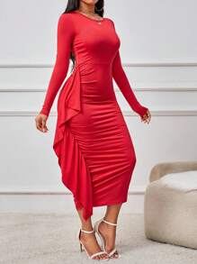 VaVaBold Vestido ceñido elegante de un solo color con dobladillo fruncido y volantes, primavera y otoño