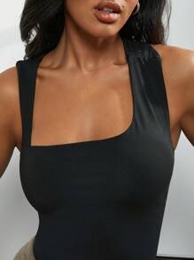 Hauture Women Solid Color Asymmetric Collar Cropped Slim Fit Sleeveless Top - Black - View 4