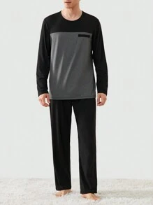 2pcs Men's Color Block Patch Crew Neck Long Sleeve Shirt And Pants Loungewear Set, Fall Clothes - Black - View 6