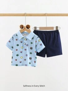 Cozy Pixies 2 piezas/Conjunto Camisa polo de punto de cuello suave con logo de dibujos animados y pantalones cortos de unicolor para niño bebé